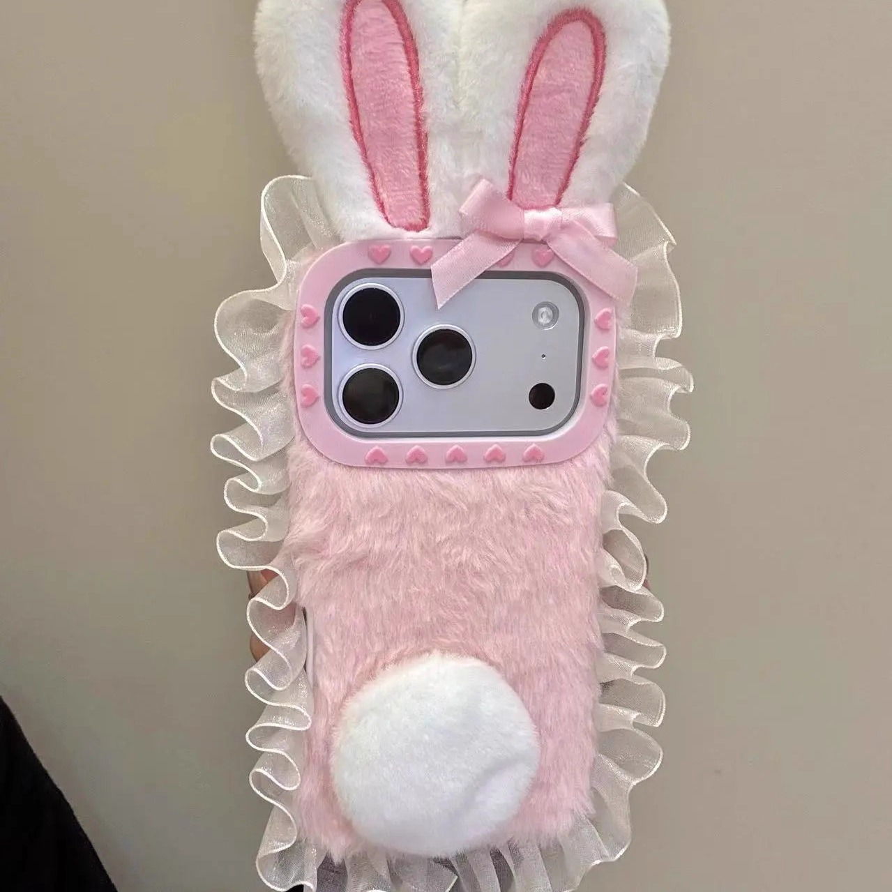 软萌可爱毛绒蕾丝边小兔子适用iPhone17ProMax手机壳16苹果15防摔