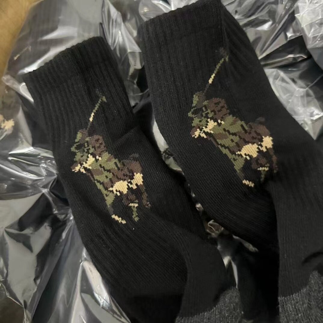 3双装 RL POLO迷彩大马标毛巾底中筒户外徒步袜子