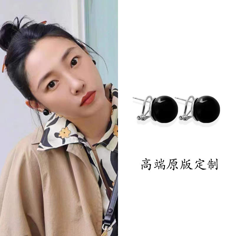 欧美时尚简约黑玛瑙耳环小众设计耳钉高级感球球耳饰女2024新款