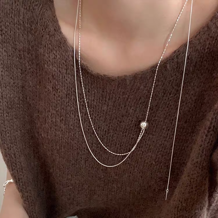 欧美时尚抽拉式球球吊坠颈链小众设计个性简约百搭气质时尚毛衣链