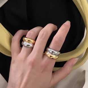 欧美时尚力量感镀金戒指小众金银双色宽版指环潮酷男女