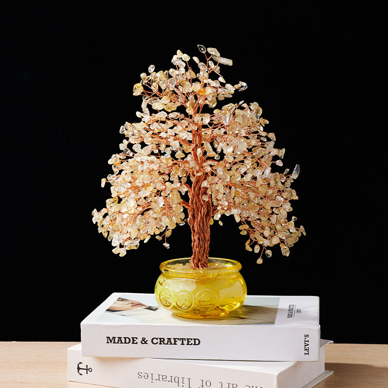 天然黄水晶碎石发财树招财摇钱树摆件家居客厅办公室开业高档礼物