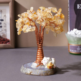 天然黄水晶古松树玛瑙底座摇钱发财树家居客厅办公室桌面招财摆件