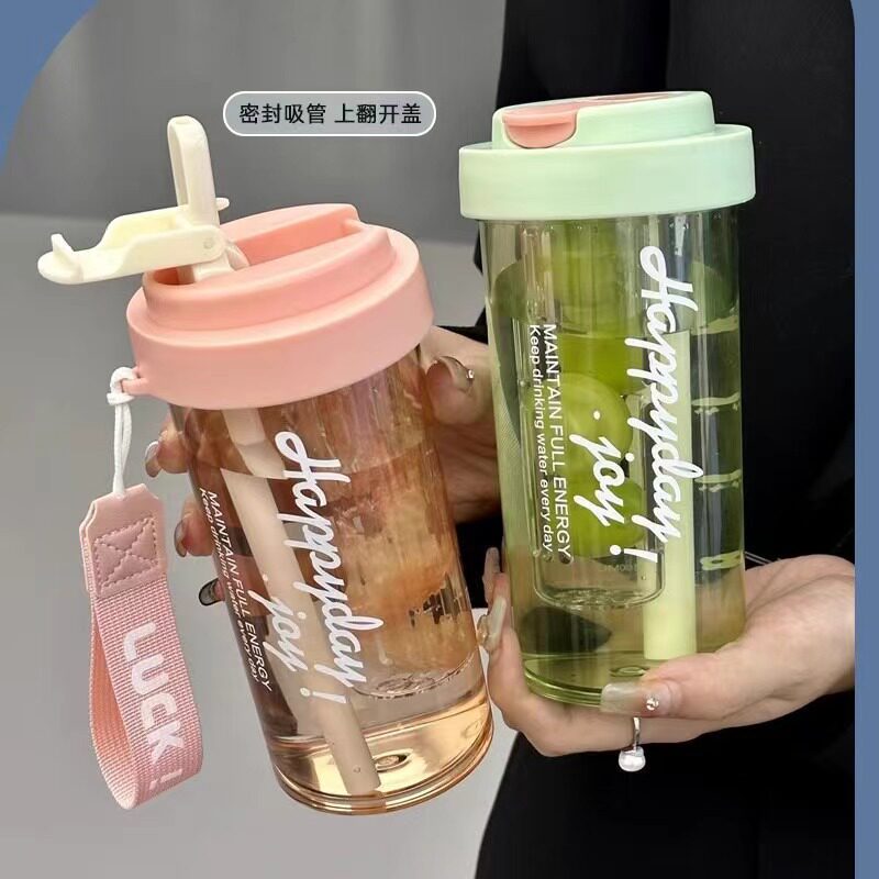 夏季韩式学生高颜值花茶水杯男女专用吸管塑料杯大容量便携咖啡杯