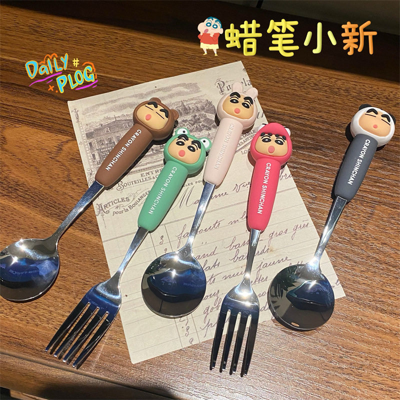 蜡笔小新不锈钢勺子叉子套装便捷餐具筷子三件套儿童学生卡通勺叉
