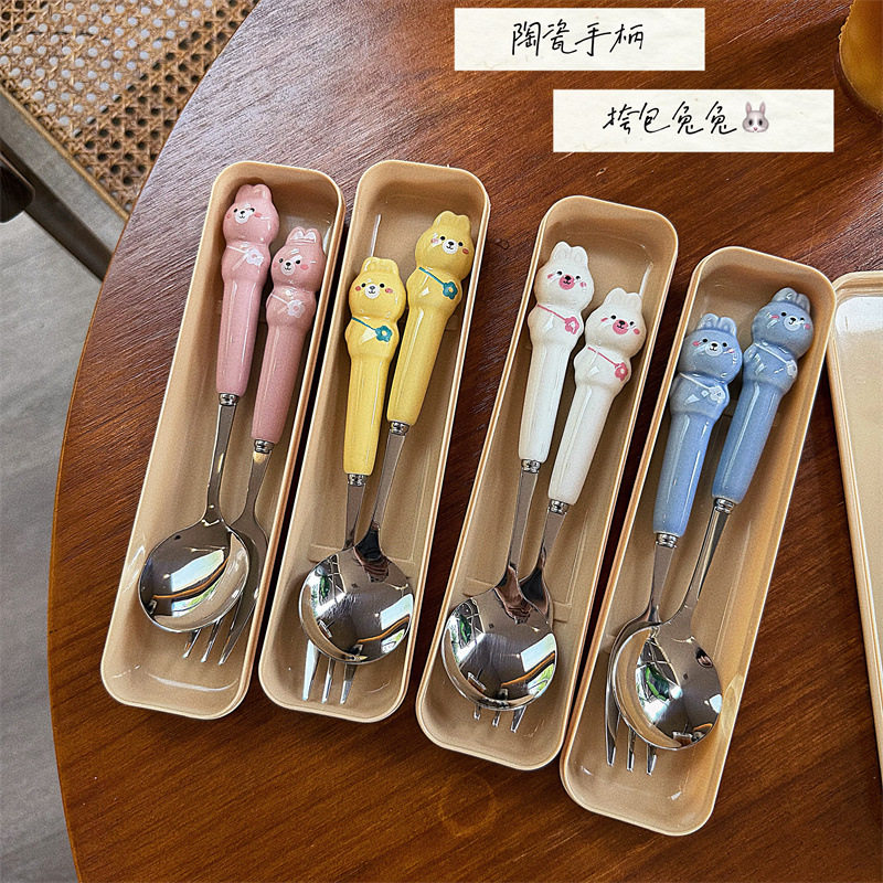 可爱小兔筷子勺子套装不锈钢学生一人用儿童叉子餐具便携式收纳盒