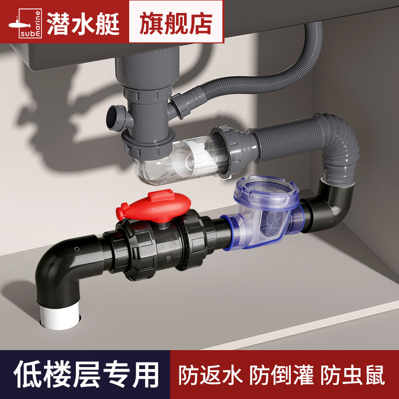 潜水艇厨房下水管防反水止逆阀下水道排水管防倒灌止回阀50管球形