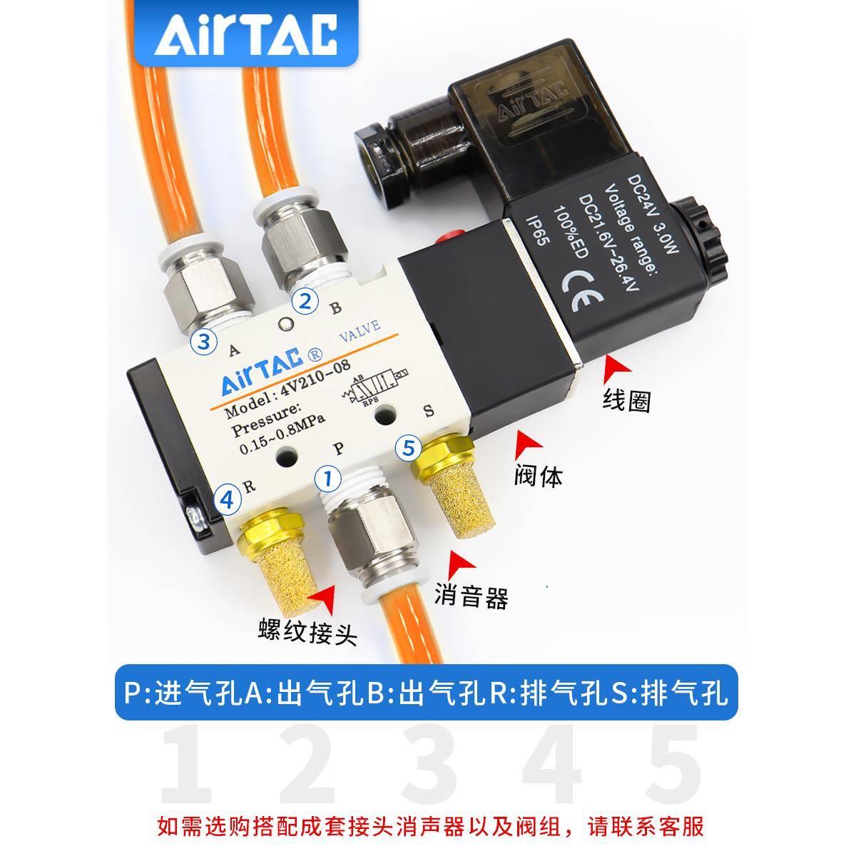 亚德客气动电磁阀4V210一08换向阀线圈控制阀220V气阀电子阀dc24V