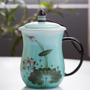 水杯 景德镇陶瓷茶杯水杯带盖手绘荷花茶杯影青釉釉下彩个性