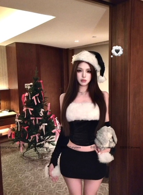 你脸好红shyness-圣诞夜-原创圣诞节黑色氛围感毛绒分体套装cos
