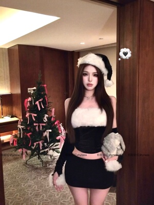 你脸好红shyness-圣诞夜-原创圣诞节黑色氛围感毛绒分体套装cos