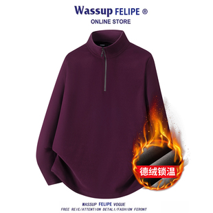 长袖 WASSUPFELIPE摇粒绒打底衫 半拉链男士 加绒保暖衣男女款 男冬季