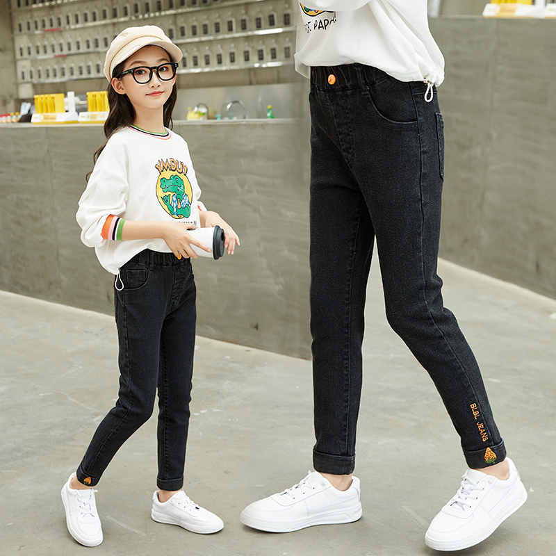 女童黑色裤子春秋款薄款中大童夏季牛仔裤儿童秋季小脚裤洋气时髦