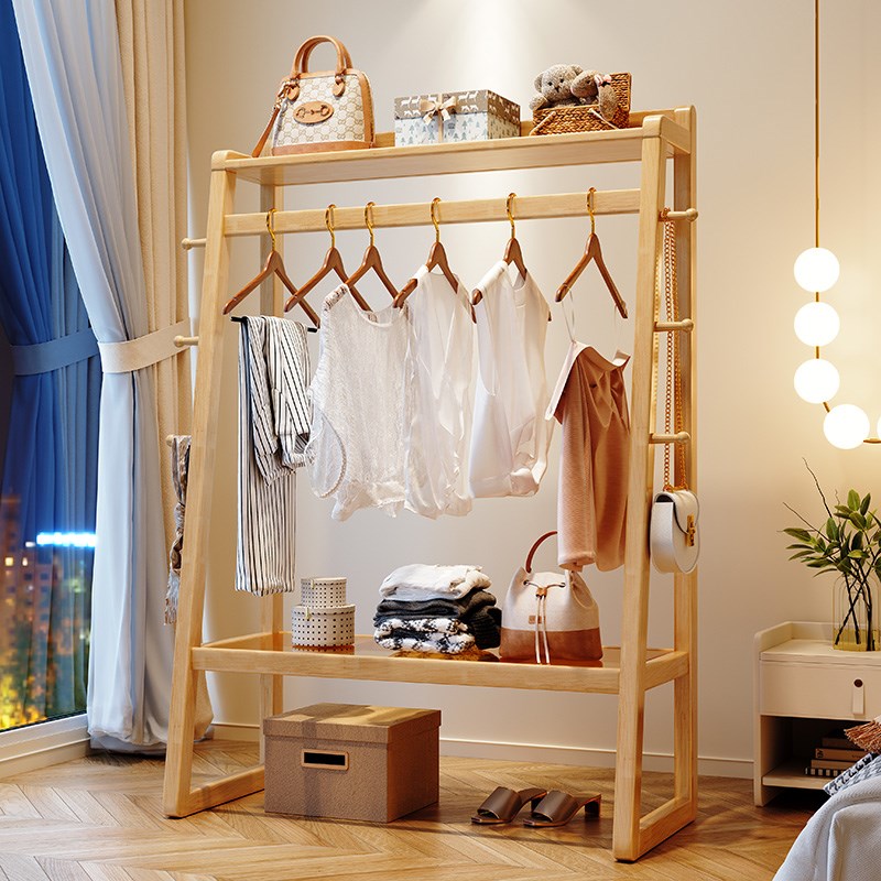 全实木衣帽架落地卧室家用立式挂衣架一体现代简约多功梯形置物架