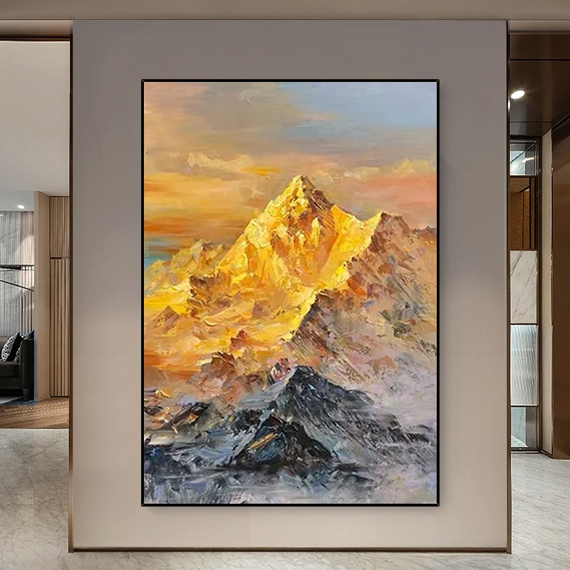 手绘油画《日照金山》玄关挂画客厅沙发背景装S饰画肌理中式壁画