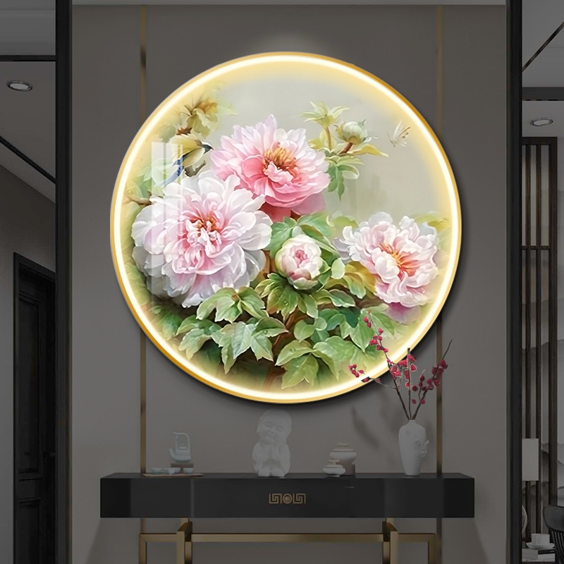 新中式圆形e装饰画牡丹花玄关挂画发光带LED灯画花开富贵壁画客厅图片