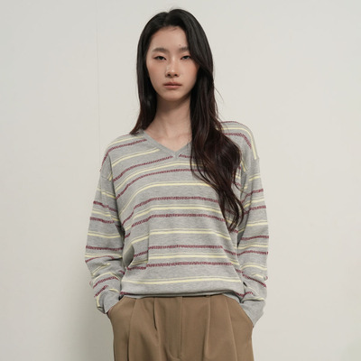 【现】GENERAL IDEA 撞色条纹V领柔软针织衫长袖宽松日常休闲女