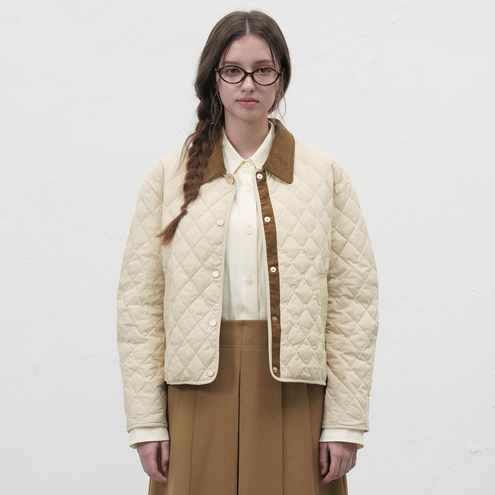 【现】General idea复古米白菱格纹灯芯绒拼接夹克7517