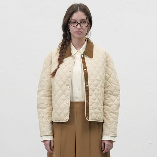 【折扣】General idea复古米白菱格纹短款羽绒服灯芯绒拼接外套女