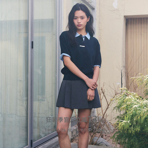【现】GENERAL IDEA 韩国正品拼接翻领慵懒风撞色针织衫短袖女