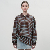 休闲宽松韩上衣女 idea运动复古条纹POLO领T恤长袖 现 General