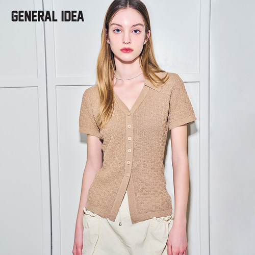 【现】General idea 夏款翻领时尚潮流设计针织V领开衫短袖女4519