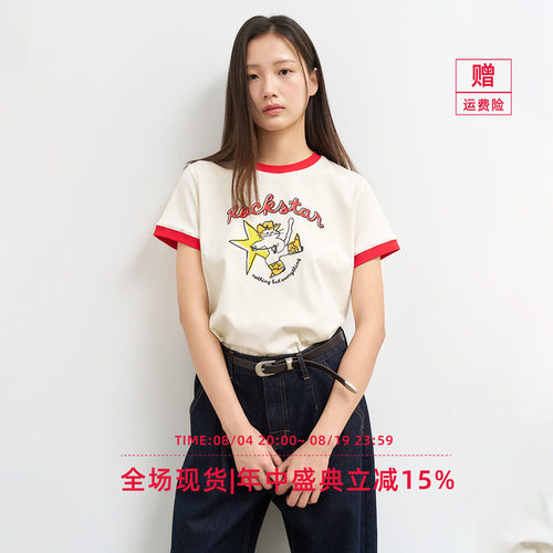 【折扣】General idea 韩国正品印花撞色圆领短袖T恤女休闲宽松