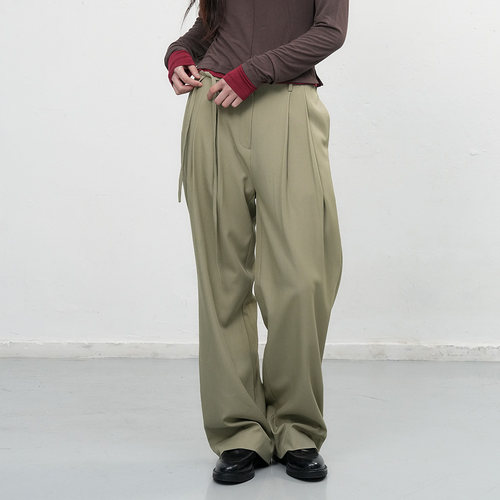 【CC】GENERAL IDEA 韩国正品绿宽松绑带直筒西装裤 WBE3L11501