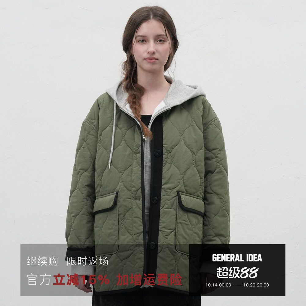 【折扣】General idea 韩国正品绗缝拼色夹棉棉服外套女送围巾