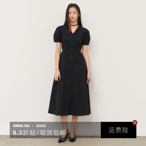 General idea 韩国正品赫本风泡泡袖束腰小黑裙5510