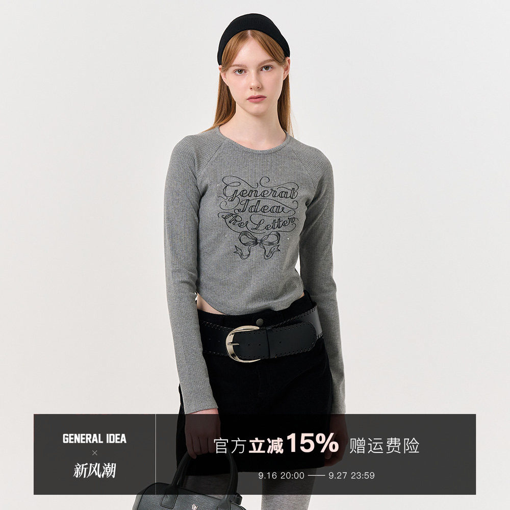 【折扣】General idea 韩国正品式蝴蝶结印花修身圆领长袖女春秋