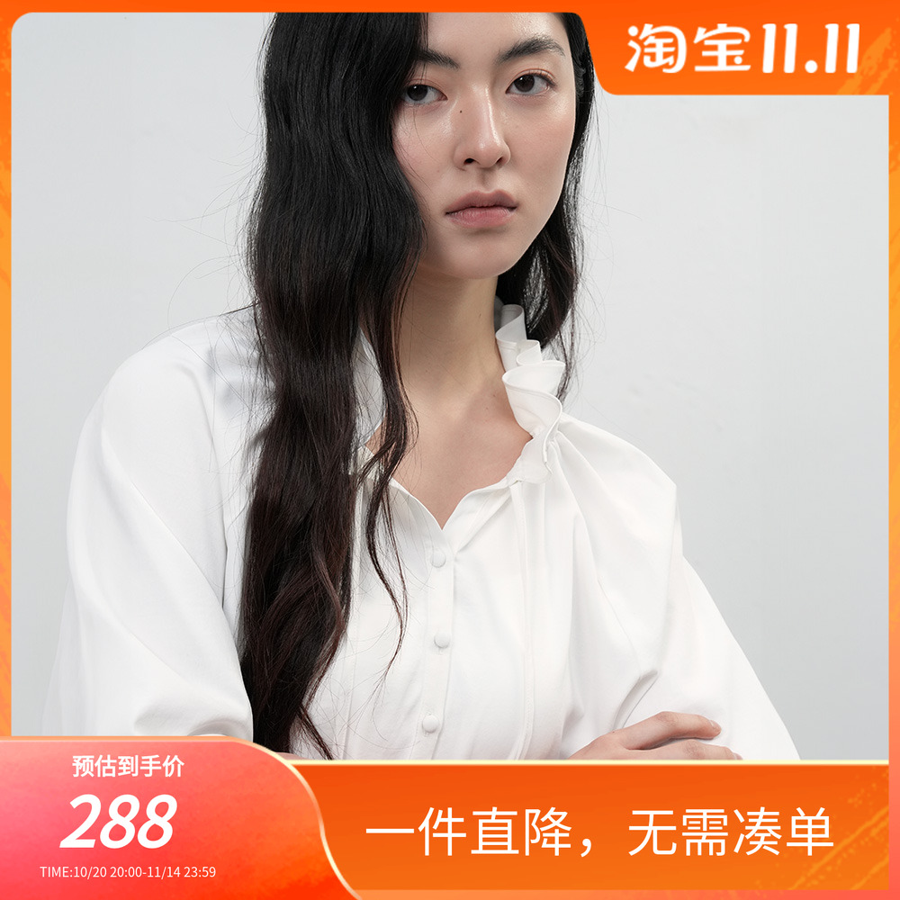 【现】General idea 荡领花瓣设计感系带长袖衬衫3504