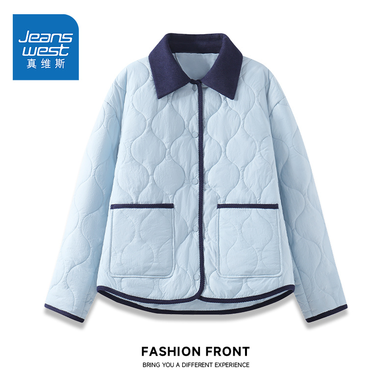 真维斯轻薄棉服女2025新款拼接撞色翻领秋冬菱格衬衫领夹棉外套W