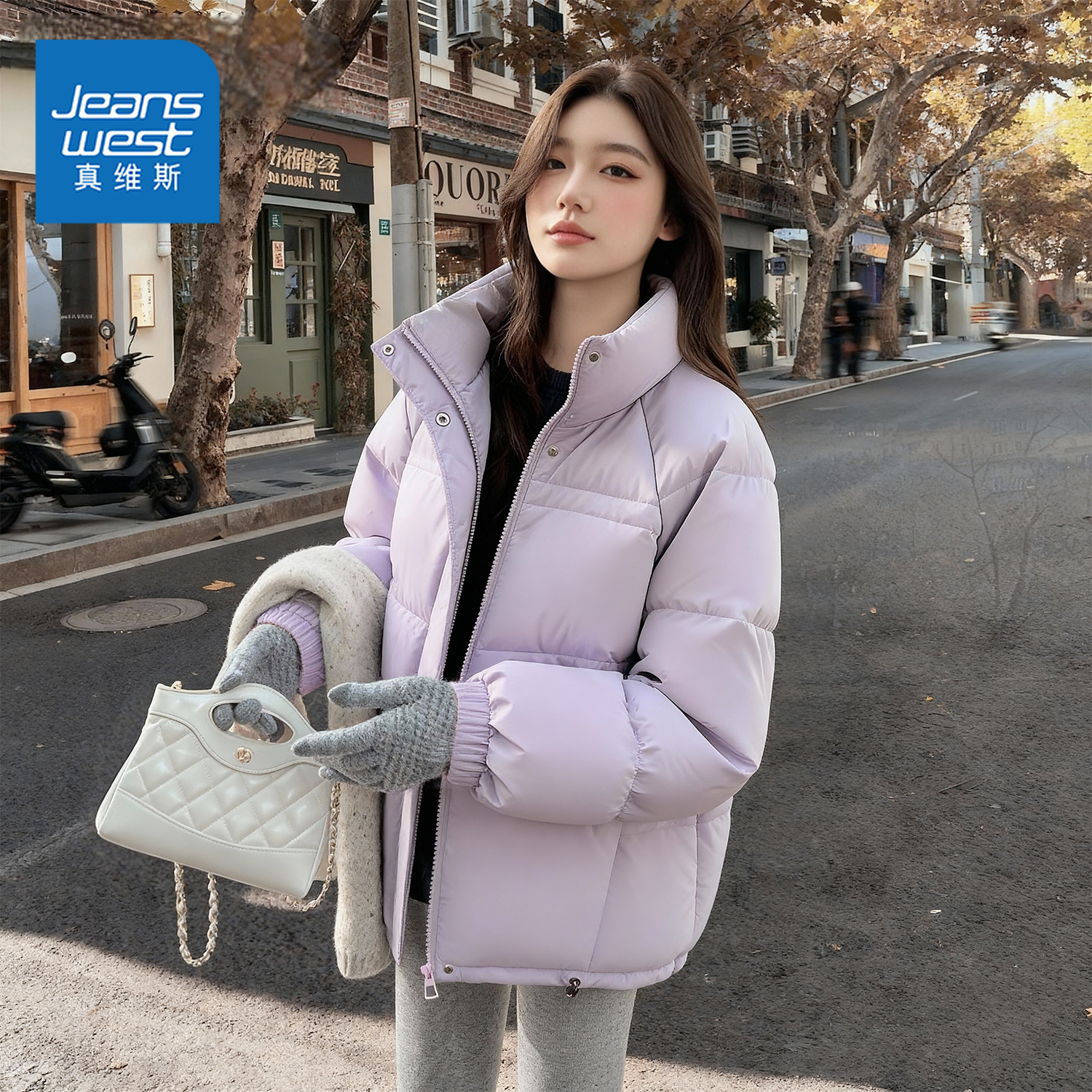 真维斯紫色立领短款白鸭绒羽绒服女冬2025新款巨好看的外套上衣w