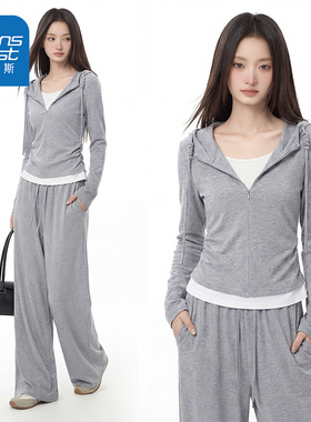 真维斯灰色运动套装女士2026新款春季爆款假两件超火穿搭一整套AA