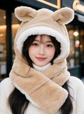 九木甜美毛绒动耳围巾帽-米棕色-50025108