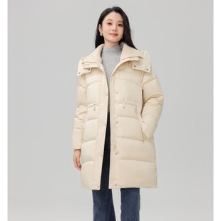 中长款羽绒服女冬季休闲通勤针织脱卸领缎面感外套女-J30140610