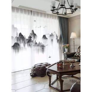 帘数码 5半遮光不透人纱式 印花窗纱古典中风山水画画水墨窗帘