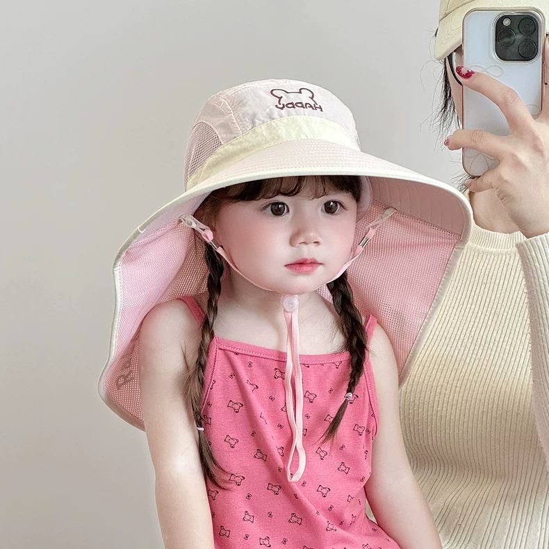 儿童帽子夏季大帽檐防晒帽男女宝宝户外可爱卡通带披肩护脖遮阳帽