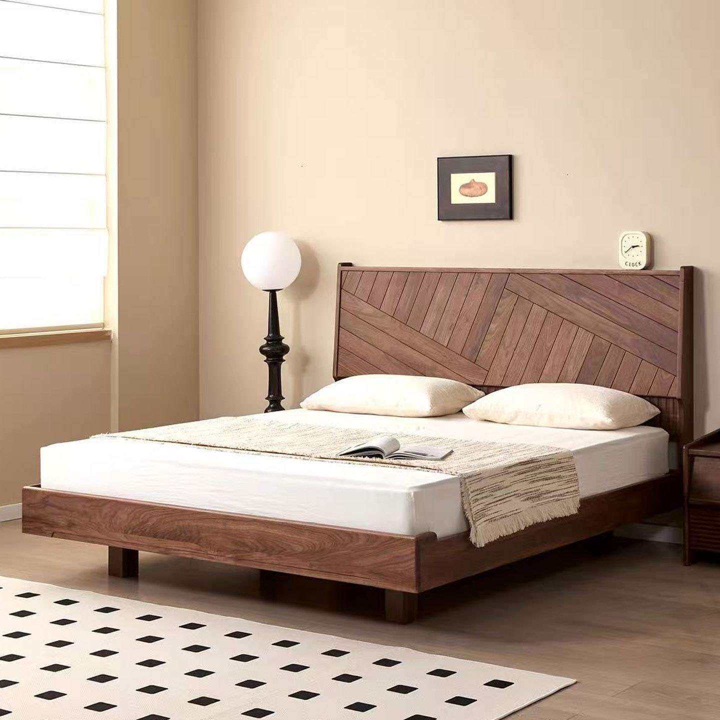 北美黑胡桃木鱼骨床现代简约主卧双人床北欧实木樱桃木大床靠背床