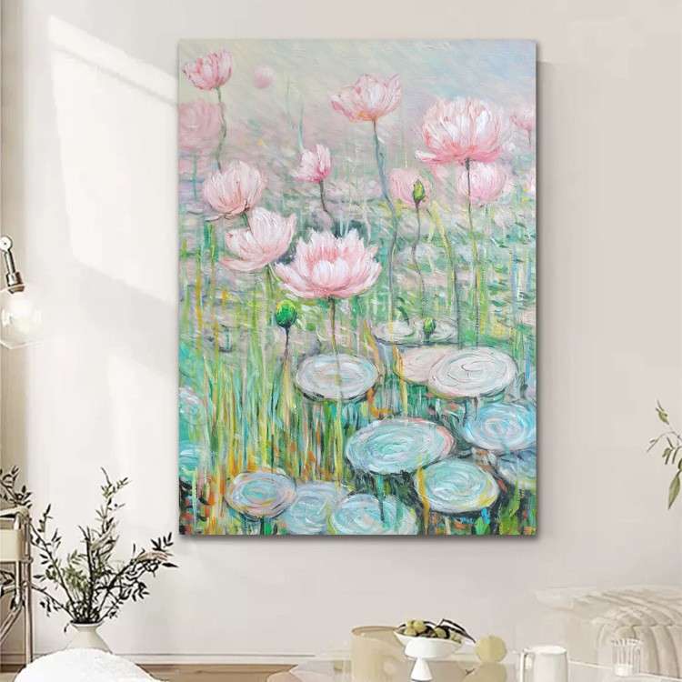 莫奈睡莲纯手绘油画客厅新中式挂画玄关装饰画抽象荷花禅意肌理画图片