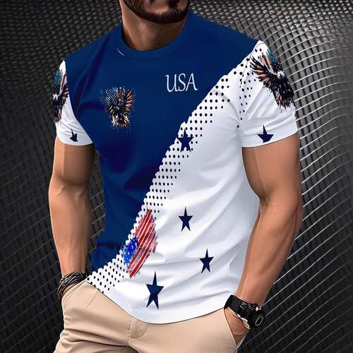 Men's Breathable 3D Digital Print T-Shirt, Casual Sporty Rou