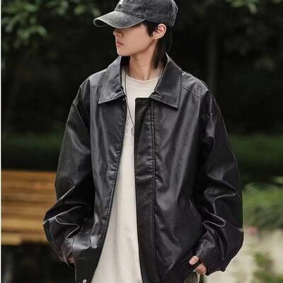 Men's PU Leather Long Sleeve Fitted Jacket with Large Double