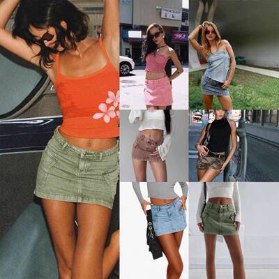 Womens Cargo Denim Skirts Solid Color Mid Rise Mini Jean Ski