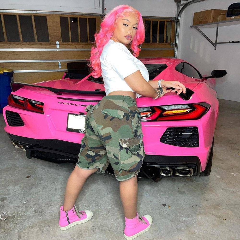 Women's Camo Print Elastic Waist Cargo Shorts with Pockets, - 实物图