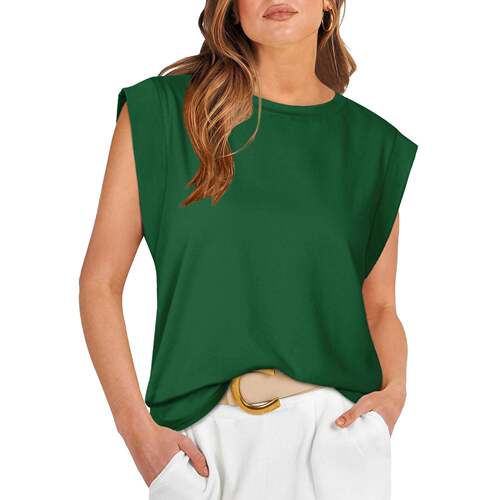 Womens Summer Cap Sleeve Tank Top Crew Neck Solid Casual