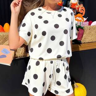 Women's Polka Dot Two Piece Outfit Loose Tee Drawstring Elas