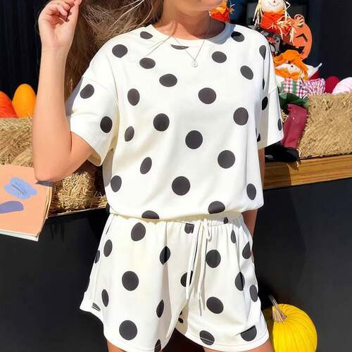 Women's Polka Dot Two Piece Outfit Loose Tee Drawstring Elas