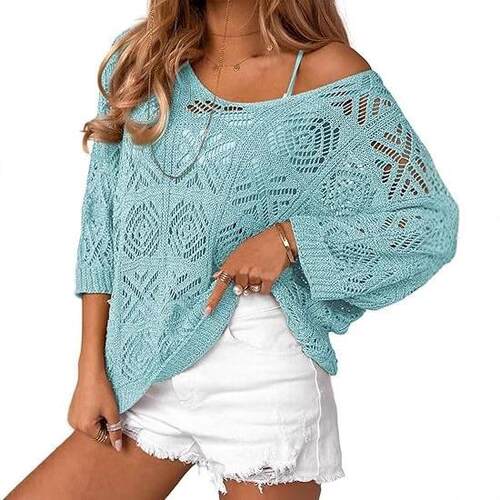 Womens Crochet Cover Up Top Summer 3/4 Sleeve Off Shoulder