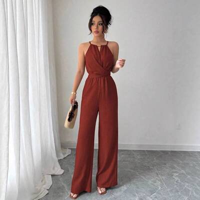 Elegant Women's Solid Color Beaded Jumpsuit Outfit, Womenswe